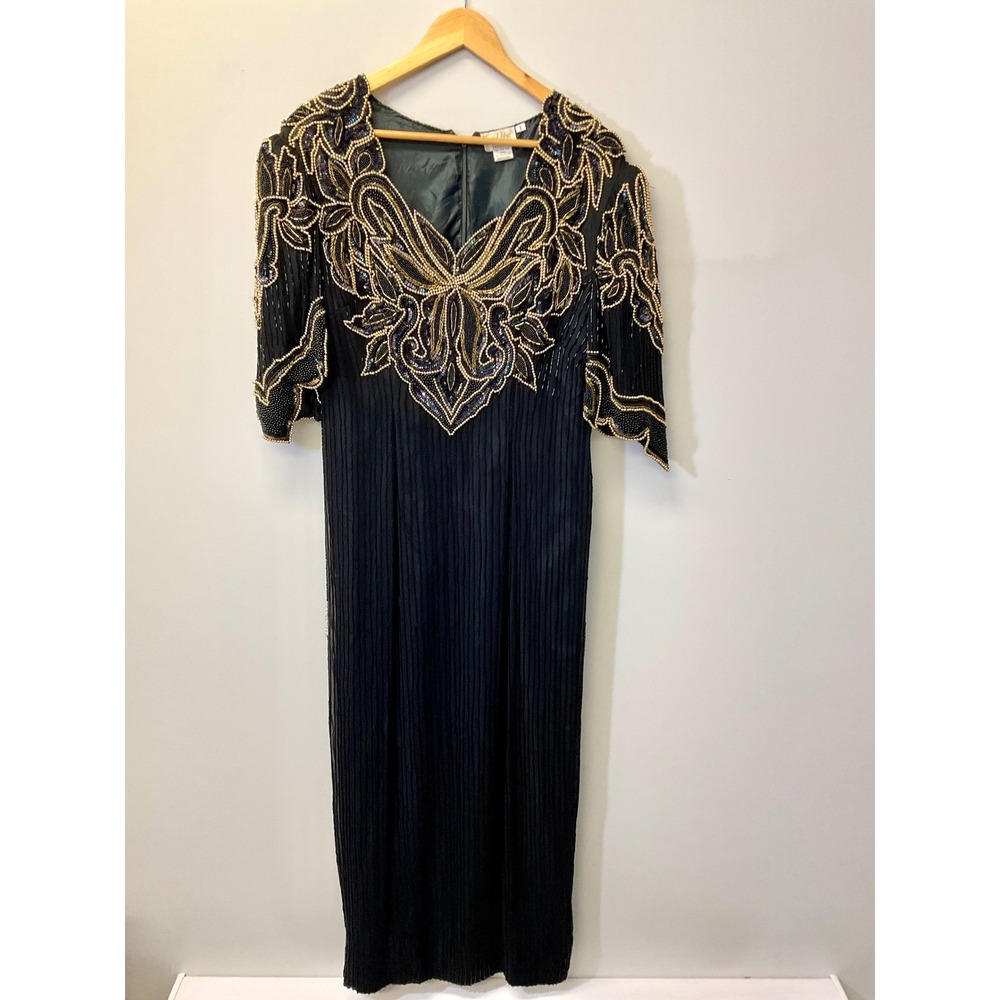 Vintage Glamour Silk Beaded 80's/90's Maxi Dress Black Gold Sequin Gown Sz L